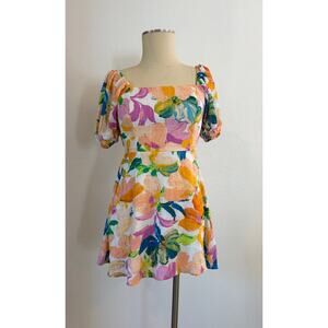 Lily Rose Floral Mini Dress Puff Sleeve Square Neck Smocked Back Size M